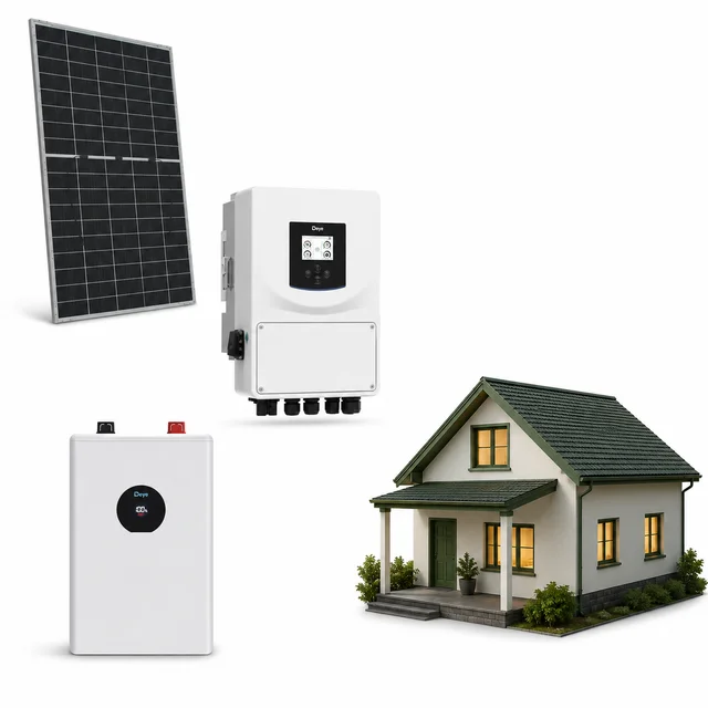 Solar, a compatible hybrid inverter and battery work together to support household loads.
