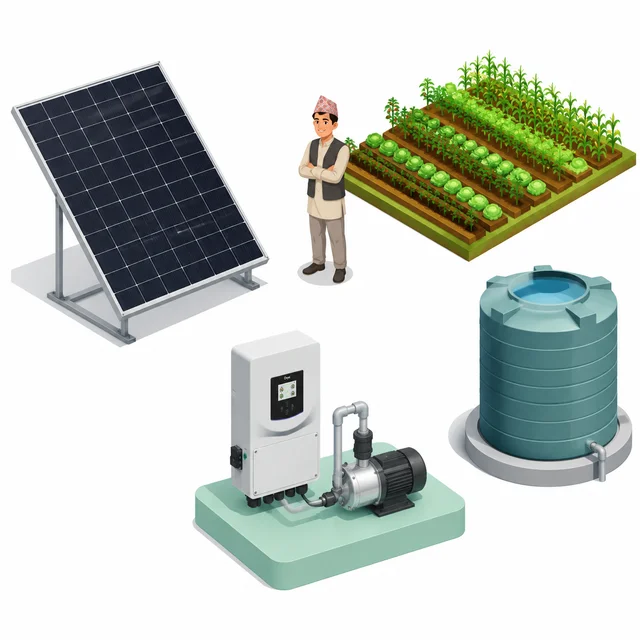 Solar energy powers water pumping for irrigation and farm storage.